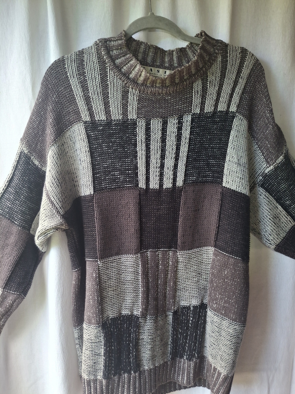Vintage Patchwork Knit Sweater in Brown and Cream
